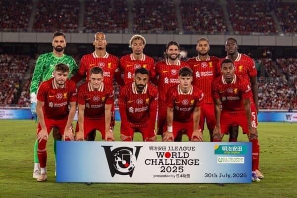 YOKOHAMA, JAPAN - Wednesday, July 30, 2025: Liverpool players line-up for a team group photograph before the Meiji Yasuda J.League World Challenge 2025 match between Yokohama F. Marinos and Liverpool FC at the International Stadium Yokohama. (Photo by David Rawcliffe/Propaganda)