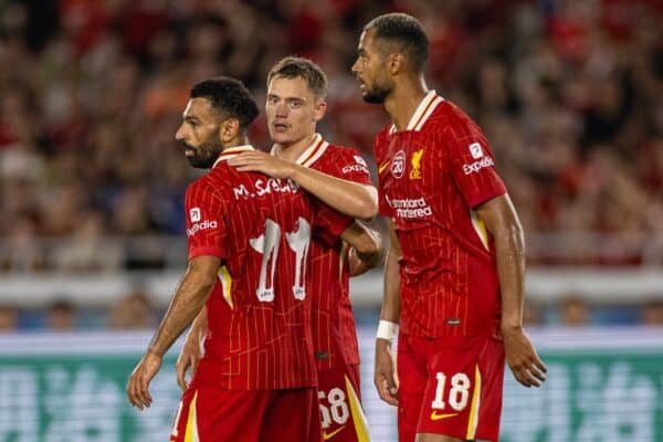 YOKOHAMA, JAPAN - Wednesday, July 30, 2025: Liverpool's Florian Wirtz (C) celebrates after scoring his side's first equalising goal during the Meiji Yasuda J.League World Challenge 2025 match between Yokohama F. Marinos and Liverpool FC at the International Stadium Yokohama. (Photo by David Rawcliffe/Propaganda)