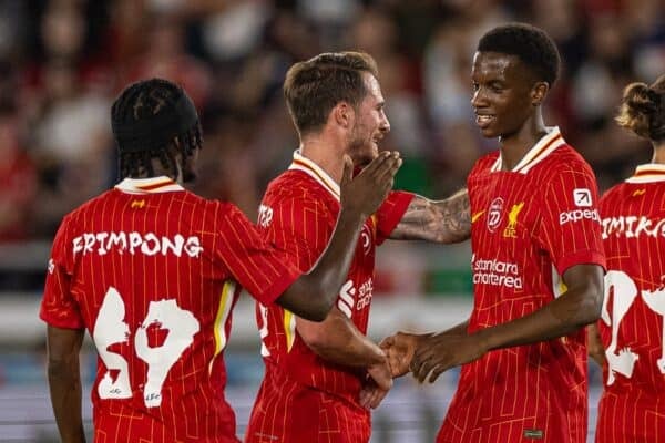 YOKOHAMA, JAPAN - Wednesday, July 30, 2025: Liverpool's Trey Nyoni celebrates after scoring his side's second goal during the Meiji Yasuda J.League World Challenge 2025 match between Yokohama F. Marinos and Liverpool FC at the International Stadium Yokohama. (Photo by David Rawcliffe/Propaganda)