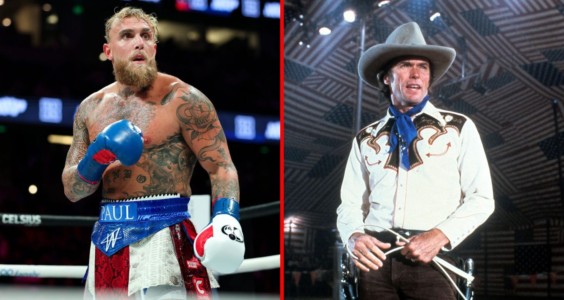 Split image of Jake Paul boxing and Clint Eastwood in cowboy attire
