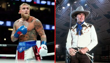 Split image of Jake Paul boxing and Clint Eastwood in cowboy attire