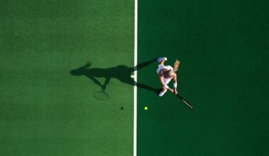 Bird's eye view of woman in whites playing tennis for longevity