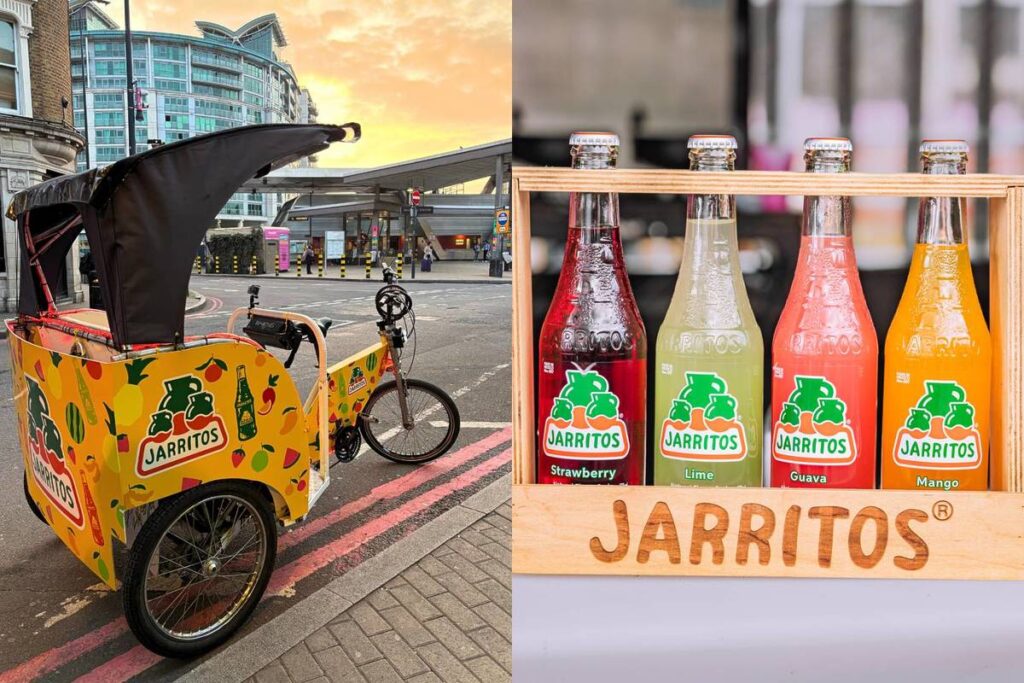 a split screen iamge showing a jarritos branded rickshaw on the streets of london, and bottles of jarritos soda