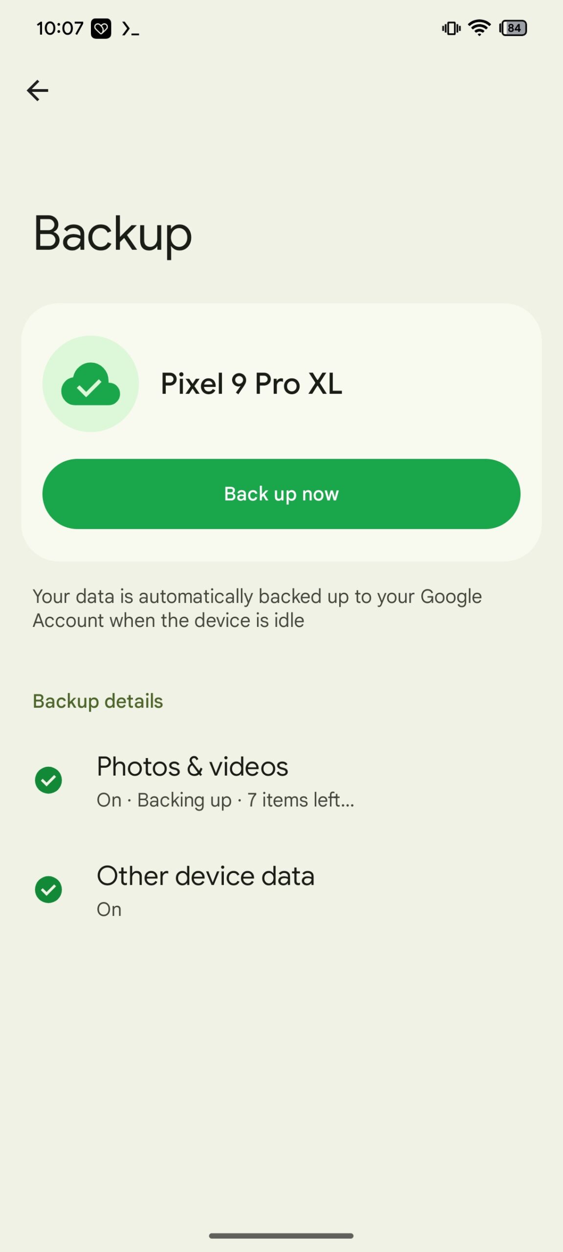 Pixel 9 backup now option
