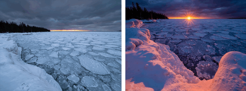 Two side-by-side photos of an icy shoreline at sunset, with broken ice covering the water, snow on the banks, dark clouds overhead, and the sun setting near the horizon, casting orange and purple light.