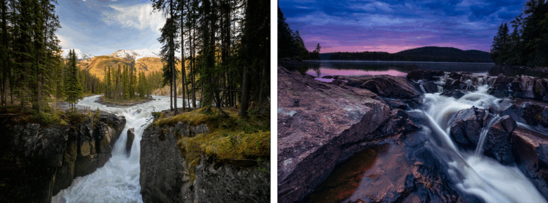 Split image: On the left, a river waterfall flows through a forest with snow-capped mountains in the background. On the right, water cascades over rocks under a purple sunset sky and surrounded by evergreen trees.