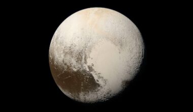 An image of Pluto set against a black background, showing its surface with light and dark regions, including a large, bright heart-shaped area on the right side.