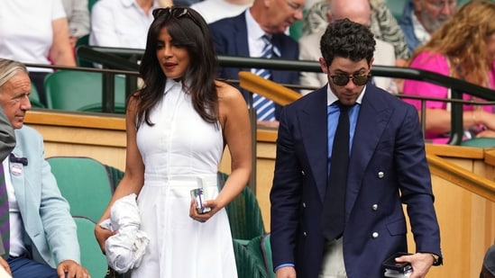Priyanka Chopra and Nick Jonas at the Wimbledon Tennis Championships in London. (AP)