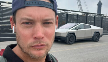 A selfie taken by Jason Kirton in front of a Cybertruck near the SpaceX launch site.