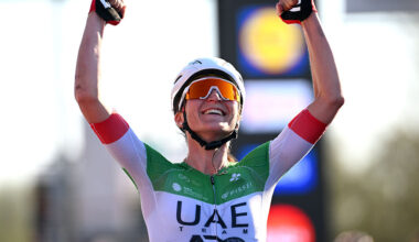 WAREGEM, BELGIUM - APRIL 02: Elisa Longo Borghini of Italy and UAE Team ADQ celebrates at finish line as race winner during the 13rd Dwars door Vlaanderen 2025 - Women's Elite a 128.5km one day race from Waregem to Waregem / #UCIWWT / on April 02, 2025 in Waregem, Belgium. (Photo by Tim de Waele/Getty Images)