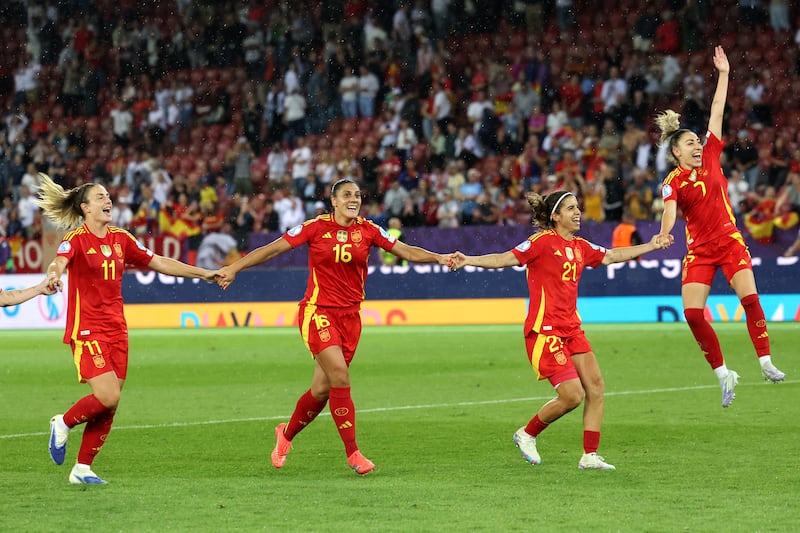 Alexia Putellas, Cristina Martin-Prieto, Alba Redondo and Olga Carmona of Spain celebrate beating Germany in the semi-final. Photograph: Charlotte Wilson/Getty
