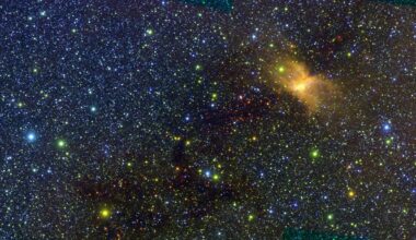 This infrared image of the Vela Molecular Ridge was captured by SPHEREx and is part of the mission’s first ever public data release. The thousands of stars in the image are mostly represented in shades of blue and green. The yellow patch on the right side of the image is a cloud of interstellar gas and dust that glows in some infrared colors due to radiation from nearby stars.