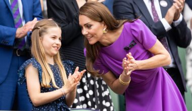 Catherine, Princess of Wales talks with Princess Charlotte of Wales in the Royal Box at Wimbledon on July 14th, 2024