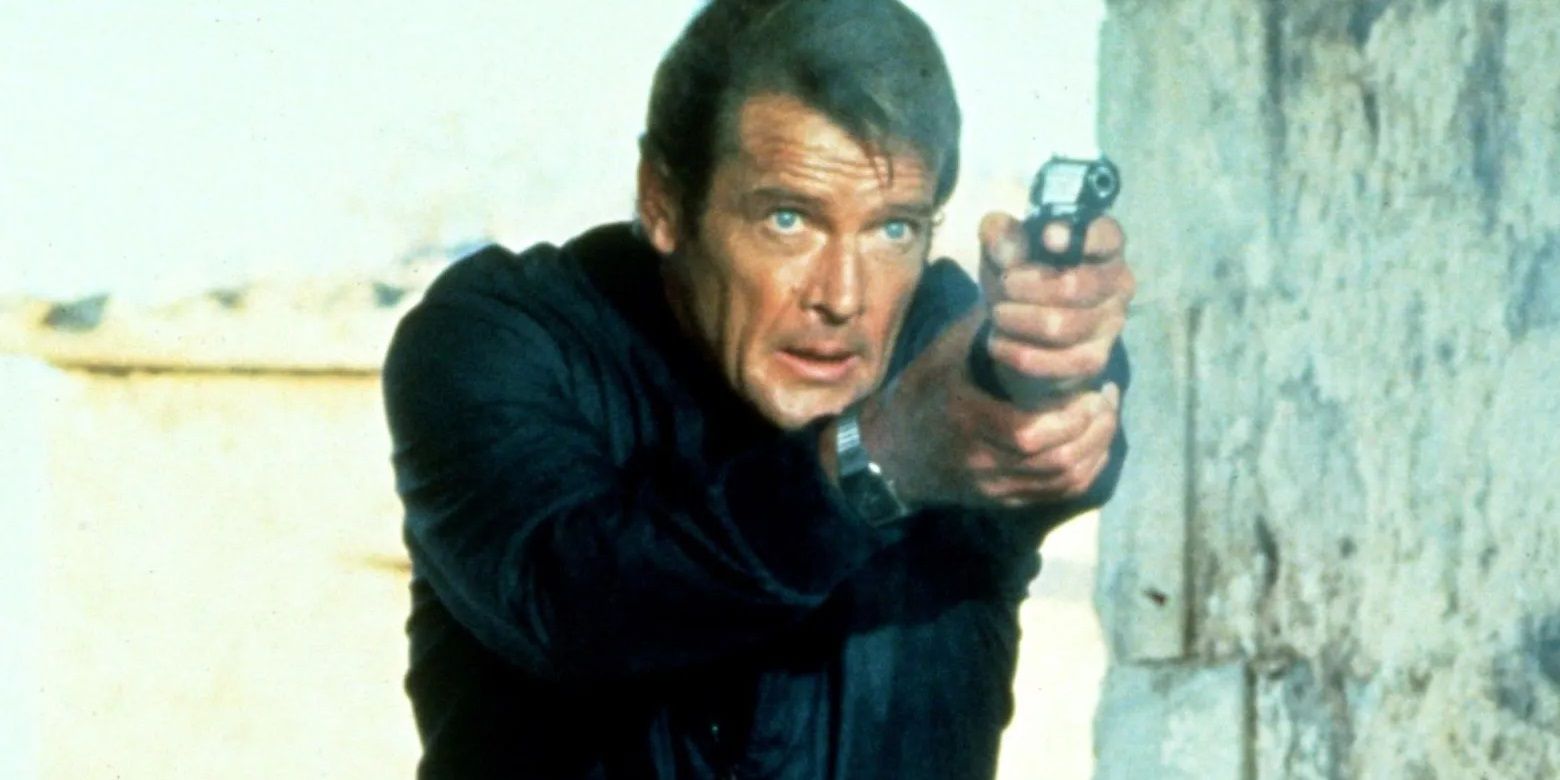 Roger Moore with a gun in For Your Eyes Only