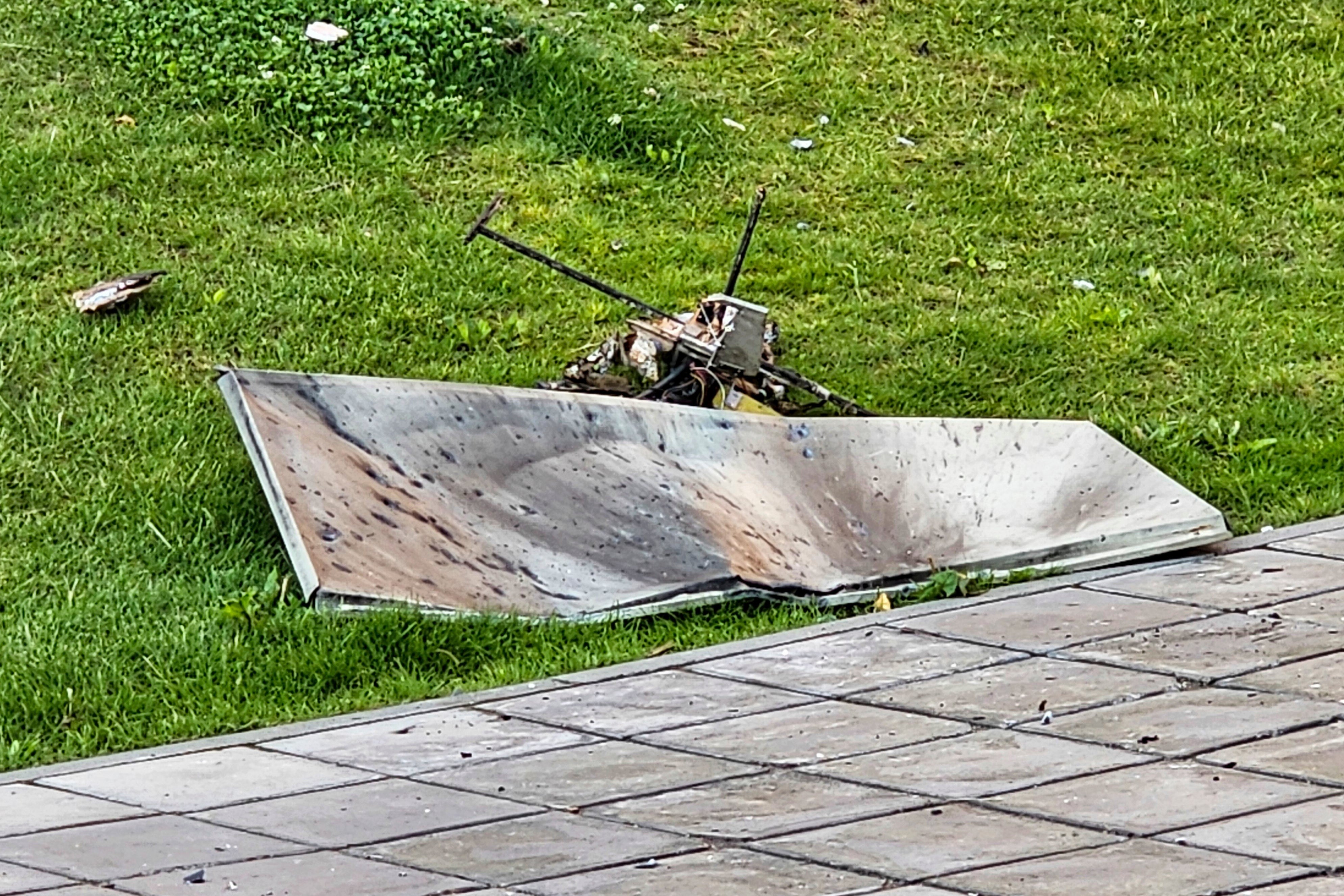 File: Fragments of the Ukrainian fallen drone, lie on the ground in Krasnogorsk, just outside Moscow
