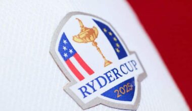 The Ryder Cup logo during a captains press conference in New York, Tuesday, Oct. 8, 2024. (AP Photo/Heather Khalifa)