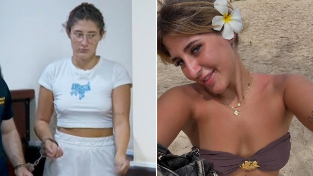 Two photographs side by side: one of Bella Culley post-arrest and the other is a selfie of her in a bikini with a flower in her hair