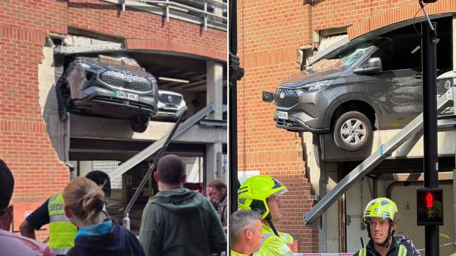 Car sticking out of car park.