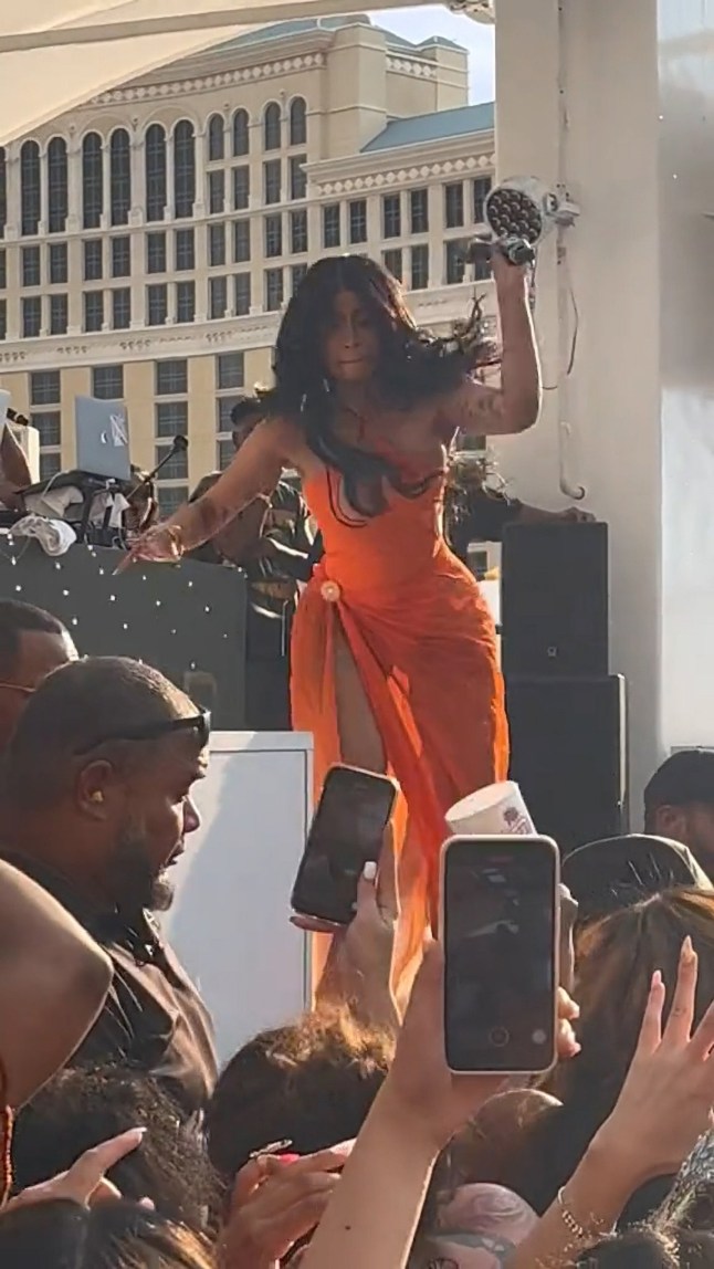 Cardi B throws microphone at a person who threw a drink at her during a during show in Las Vegas, Nevada, USA, undated. The microphone is now on sale on eBay for charity. (@j_blizzyy/CEN )
