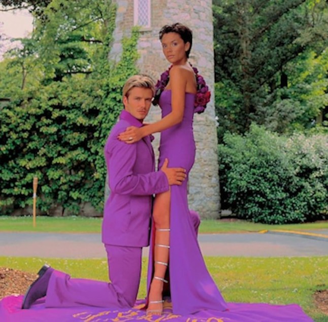 David and Victoria in purple wedding outfits