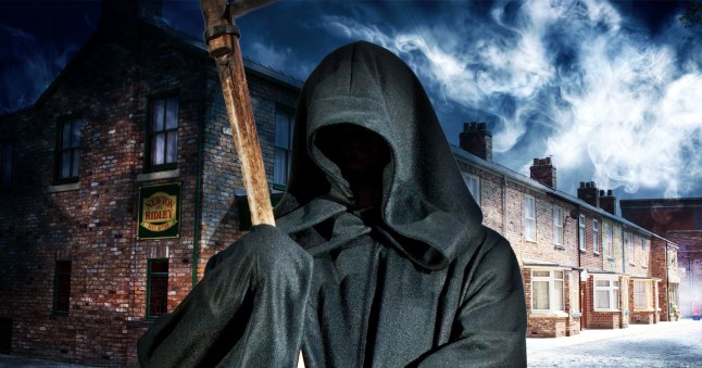 Grim reaper in front of a gloomy Coronation Street