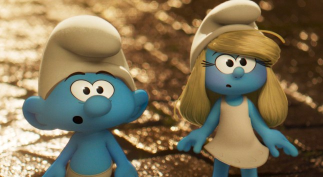 This image released by Paramount Animation shows No Name, voiced by James Corden, left, and Smurfette, voiced by Rihanna in a scene from 