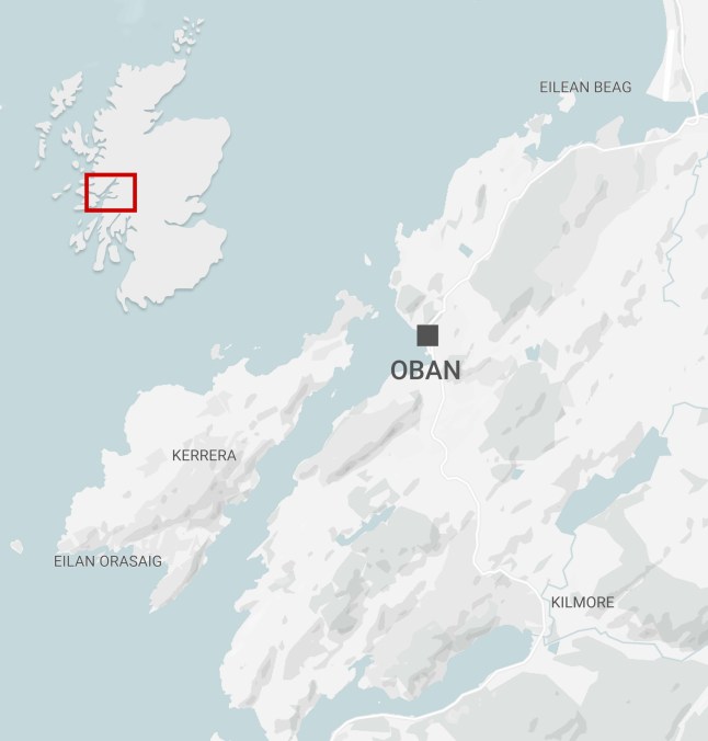 A map highlighting Oban in Scotland.