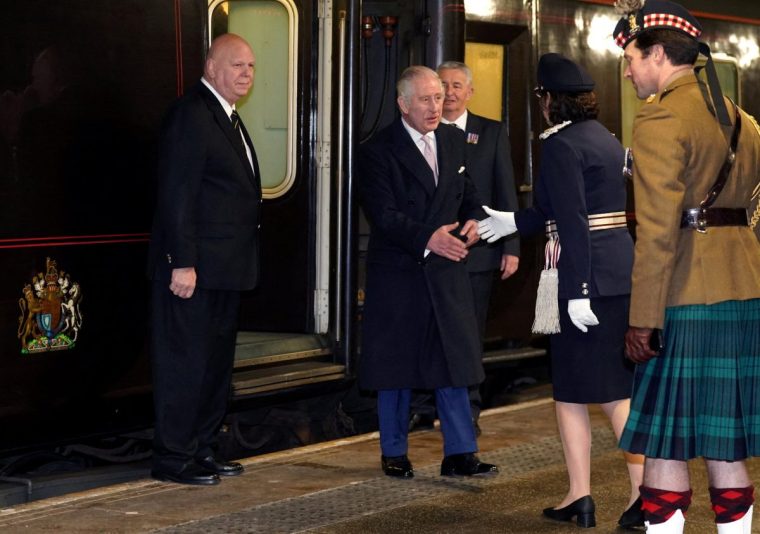 FILE PHOTO: Britain's King Charles III arrives via the Royal Train at Manchester Victoria Station, for a visit with the Queen Consort to Greater Manchester, Britain January 20, 2023. Owen Humphreys/Pool via REUTERS/File Photo