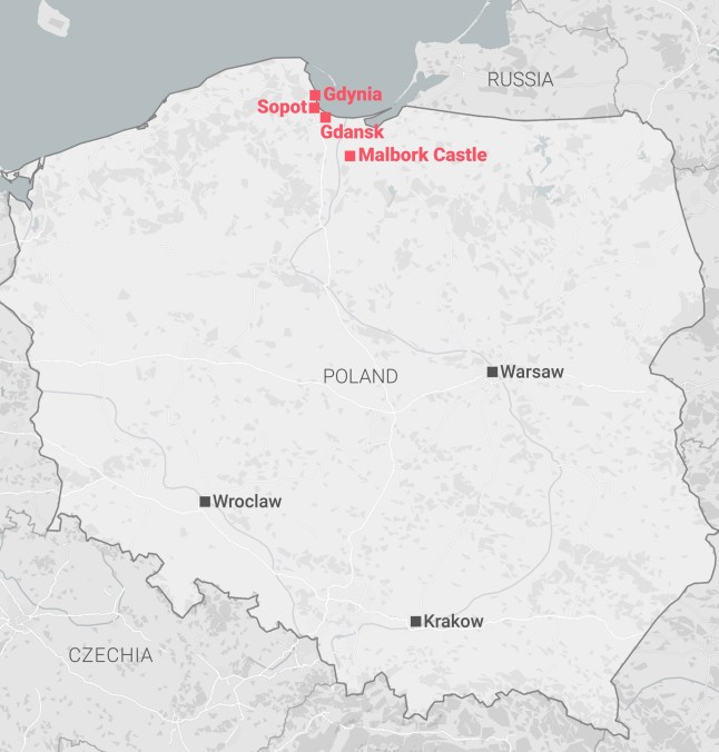 A map showing the location of Gdansk, Malbork Castle, Krakow, Wroclaw and Warsaw