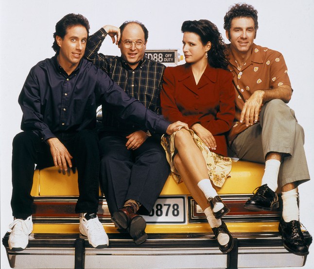 SEINFELD -- Season 6 -- Pictured: (l-r) Jerry Seinfeld as Jerry Seinfeld, Jason Alexander as George Costanza, Julia Louis-Dreyfus as Elaine Benes, Michael Richards as Cosmo Kramer (Photo by George Lange/NBCU Photo Bank/NBCUniversal via Getty Images via Getty Images)