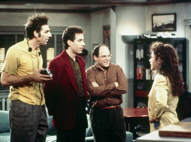 SEINFELD -- Pictured: (l-r) Michael Richards as Cosmo Kramer, Jerry Seinfeld as Jerry Seinfeld, Jason Alexander as George Costanza, Julia Louis-Dreyfus as Elaine Benes (Photo by NBCU Photo Bank/NBCUniversal via Getty Images via Getty Images)