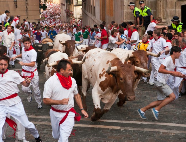 The Festival of San Fermin (or Sanfermines) in the city of Pamplona where the Running of the Bulls involves thousands of participants, Navarre, Spain.