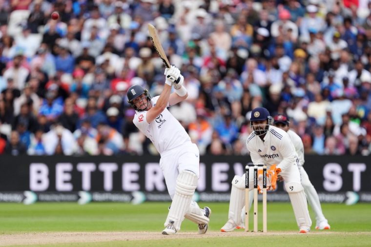 England's Jamie Smith hits a boundary for six on day five of the Second Rothesay Men's Test at Edgbaston, Birmingham. Picture date: Sunday July 6, 2025. PA Photo. Photo credit should read: Martin Rickett/PA Wire. RESTRICTIONS: Editorial use only. No commercial use without prior written consent of the ECB. Still image use only. No moving images to emulate broadcast. Editorial use only. No removing or obscuring of sponsor logos