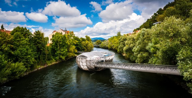 The Murinsel bridge in Graz old town, Austria; Shutterstock ID 488843626; purchase_order: -; job: -; client: -; other: -