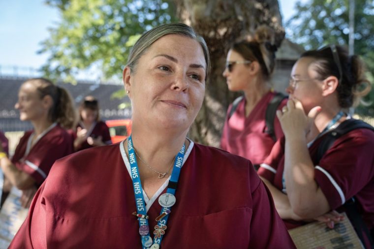 Kelly Carter among Phlebotomists on Strike at Cheltenham General Hosptial in Gloucestershire in a dispute with Gloucestershire Hospital Foundation Trust. 10/7/25. Photo Tom Pilston