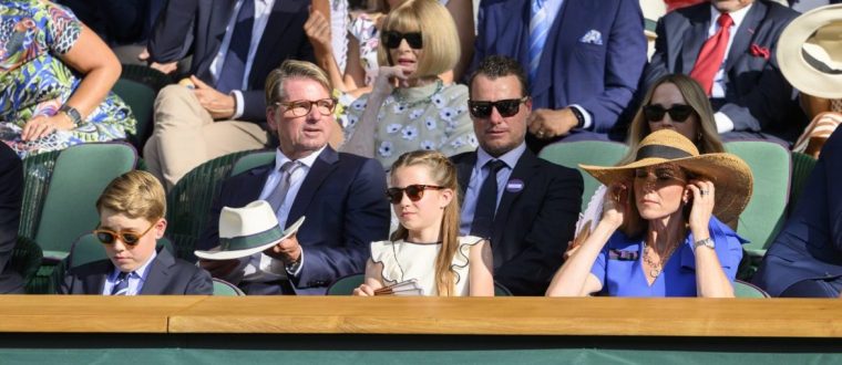 LONDON, UNITED KINGDOM - JULY 13: The Princess of Wales, Princess Charlotte, Prince George and HRH William, the Prince of Wales watch day fourteen of the 2025 Wimbledon Championships at The All England Lawn Tennis and Croquet Club in Wimbledon on July 13, 2025, in London, United Kingdom. (Photo by Ray Tang/Anadolu via Getty Images)