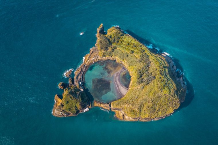 Islet of Vila Franca do Campo, a volcano crater island with round lake in the middle. Sao Miguel island, Azores, Portugal
