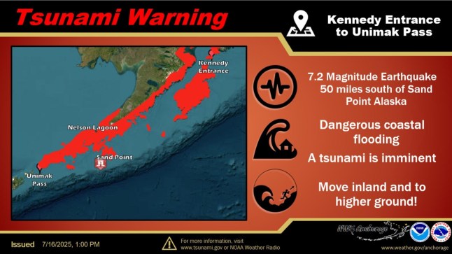 A Tsunami Warning has been issued for the Alaska Peninsula areas from the Kennedy Entrance to Unimak Pass. Cities included are Cold Bay, Sand Point, and Kodiak. We can say with reasonable confidence that the Kenai Peninsula Borough locations will not see impacts.