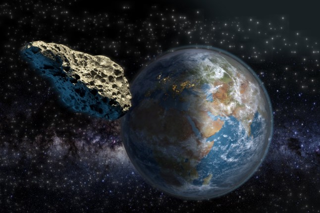 An illustration of an asteroid coming close to Earth.