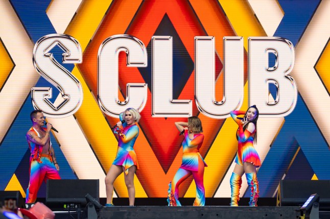 BRIGHTON, ENGLAND - AUGUST 04: Jon Lee, Jo O'Meara, Rachel Stevens and Tina Barrett of S Club perform on stage during "Fabuloso Day 2 - Pride In The Park" at Preston Park on August 04, 2024 in Brighton, England. (Photo by Lorne Thomson/Redferns)