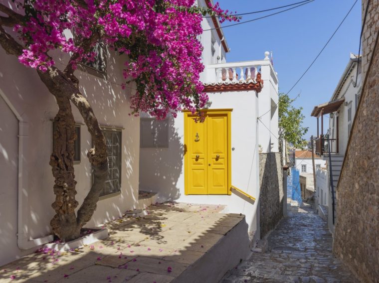 Strolling through Hydra, Greece reveals narrow cobblestone paths lined with whitewashed houses adorned with colorful bougainvillea. The striking yellow doors stand out against the vibrant backdrop.