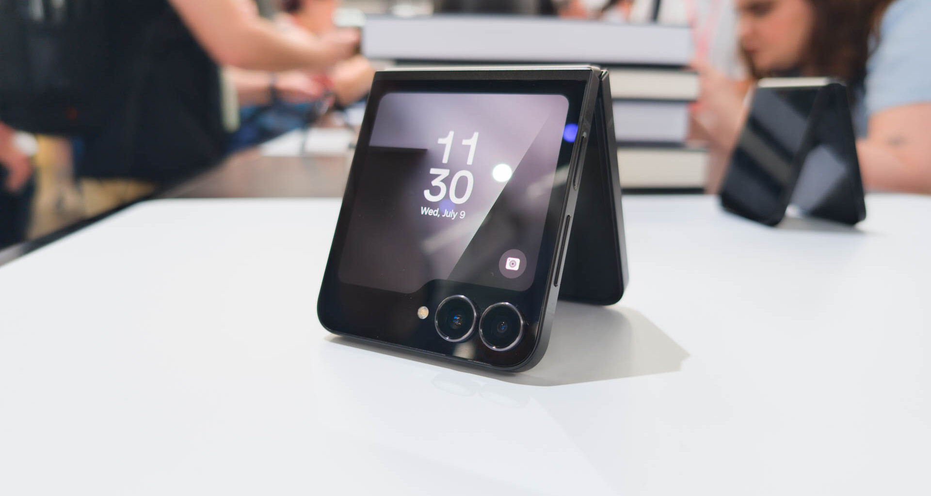 Samsung Galaxy Z Flip 7 FE in Black folded in tent style on table