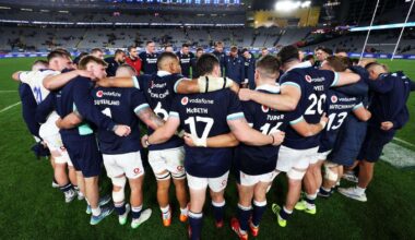 The Scotland squad debrief on the pitch after their victory over Samoa at Eden Park. Image: SNS / Scottish Rugby