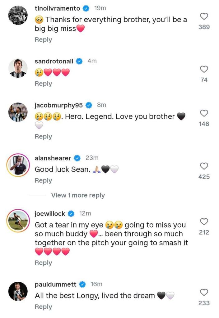 Screengrab of replies under Sean Longstaff's Instagram post about his move from Newcastle United to Leeds United