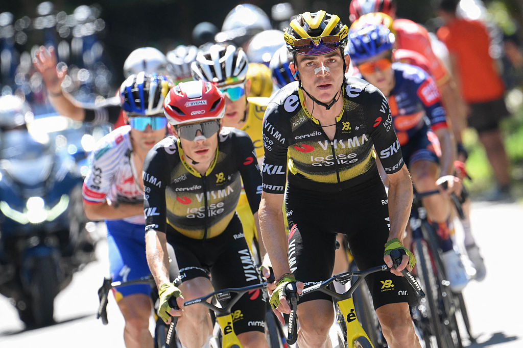 (From L) Red Bull - BORA - hansgrohe team's Slovenian rider Primoz Roglic, Team Visma - Lease a bike team's Danish rider Jonas Vingegaard, Team Visma - Lease a bike team's US rider Sepp Kuss cycle in the ascent of Mont Ventoux during the 16th stage of the 112th edition of the Tour de France cycling race, 171.5 km between Montpellier and Mont Ventoux, southern France, on July 22, 2025. (Photo by Bernard PAPON / AFP) (Photo by BERNARD PAPON/AFP via Getty Images)
