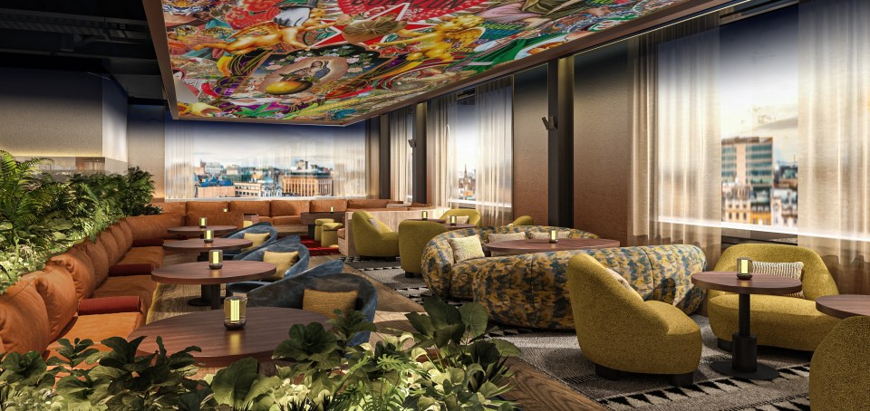 Illustration of a lounge with a colorful ceiling, plush seating, and city views.