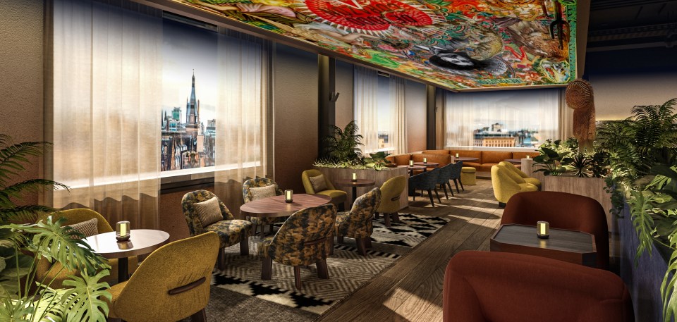 Illustration of a rooftop lounge with city views.
