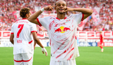 Xavi Simons of Leipzig celebrates after scoring his teams fourth goal during the DFB-Pokal match between Rot-Weiss Essen and RB Leipzig at on August 17, 2024 in Essen, Germany.