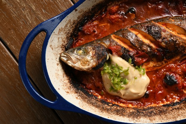Malka's Roasted Branzino dish. (Max Flatow Photography/Courtesy)