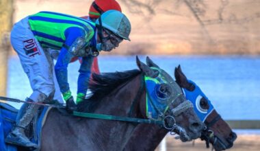 Thoroughbreds compete during a race at the Parx horse track in Bensalem, Pa., in March 2021.